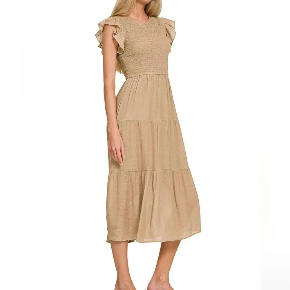 Last ◇Zenana Woven Smocked Ruffle Sleeve Women's Midi Dress Lt. Mocha sz Medium